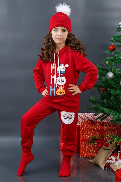 Girl's Boy's Ho Ho Printed Rope Detailed Red Tracksuit with Hoodie and Beret