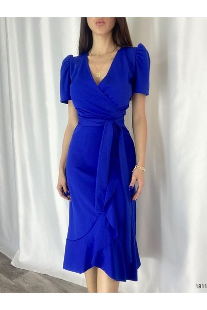 Women's Blue Crepe Fabric Midi Length Belted Dress