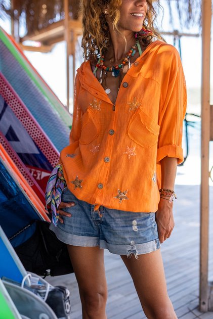 Women's Orange Washed Linen Mesh Star Sequin Hooded Blouse GK-RSD2046