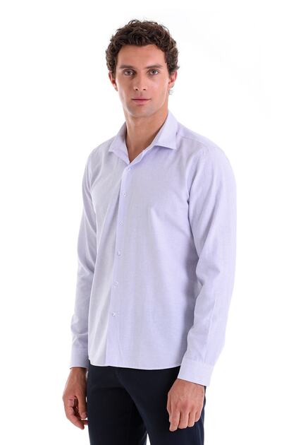 Lilac Comfort Fit Striped Cotton Slim Collar Long Sleeve Casual Shirt