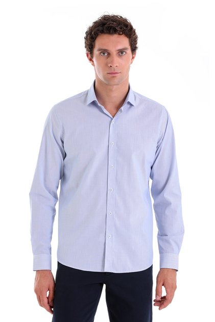 Blue Comfort Fit Striped 100% Cotton Slim Collar Long Sleeve Casual Shirt