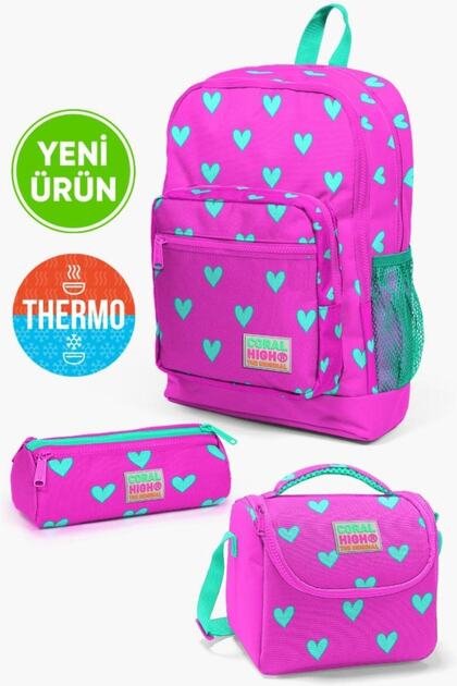 Kids Neon Pink Water Green Heart Pattern Pen Holder, Nutrition, 3-Piece School Bag Set GOSET0123113