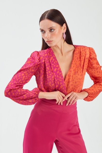 Kruvaze Desenli Bodysuit - Oranj-fuşya