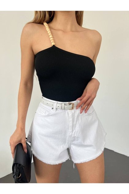 Women's Beaded Strap One-Shoulder Knitwear Crop Black Blouse (Above Belly Line)