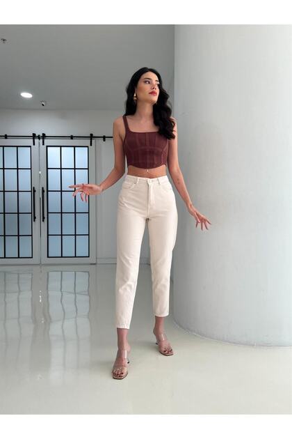 Yüksek Bel Mom Jeans Bej Likralı Kot Pantolon