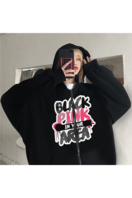 MECH BUTİK Blackpink Area Printed Black Oversize Zippered Cardigan