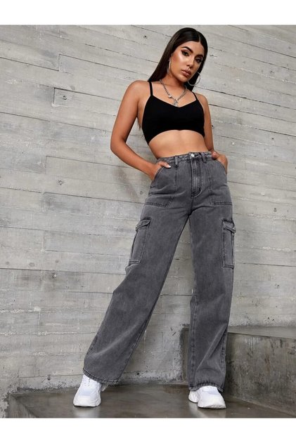 Smoked Cargo Pocket High Waist Wide Leg Jeans Jeans