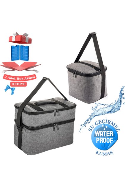 Ns 2'li Set Termos Soğutucu Çanta – Kamp Piknik Isı Yalıtımlı Sıcak Soğuk Tutan Askılı Termal Buzluk Çanta Seti-Gri