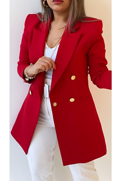 SEDA FİDAN Uzun Gold Düğmeli Blazer Ceket Kırmızı - 8