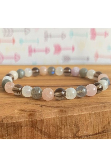 Pink-Quartz-Labradorite-Moon Stone-Smoky Quartz Natural Stone Bracelet 8mm