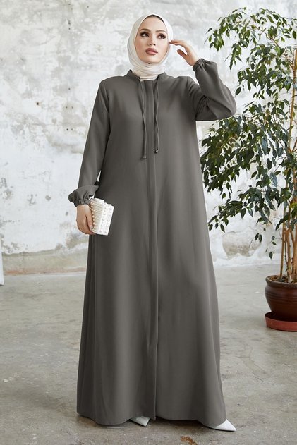 Abaya s krajkovým límcem a skrytou légou - šedá