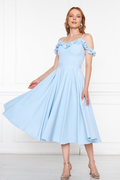 Baby Blue Atlas Fabric Adjustable Strap Ruffle Detailed Collar Pleated Flared Midi Dress 421