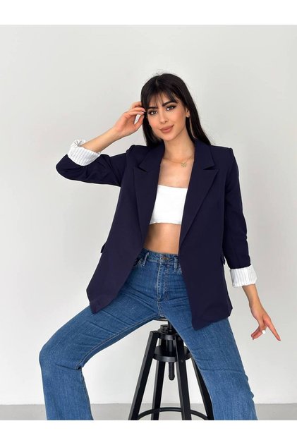 Kruvaze Yaka Düğmesiz Cepli Astarlı Katlanılabilir Kol Blazer Ceket