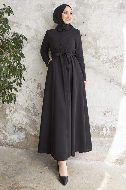 Abaya cu guler de cămașă cu curea Emery - Negru