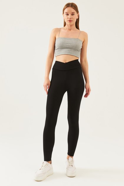 Women's Black High Waist Cross Belt Ribbed Tights