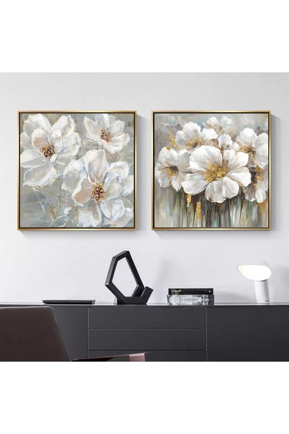 Beyaz Çiçekler Sanatı Altın Metal Çerçeveli 70x70cm Ikili Kanvas Tablo K896-6k