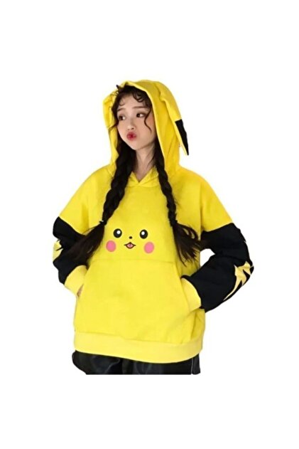 MANCY Pikachu Baskılı Kulak Detaylı Oversize 3 iplik Kapüşonlu