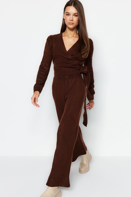 Brown Crop Wide Fit Double Breasted Tie Detailed Knitwear Top and Bottom Set Twoaw24Au00016