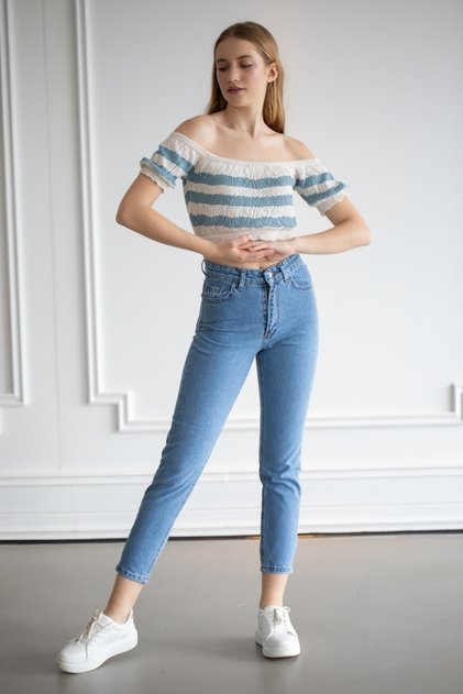 Asian xtc Light Blue Colorfast Mom Jean Women Boyfriend High waist Power lycra