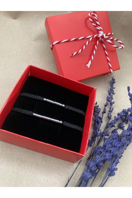 Hematite Natural Stone Morse Alphabet Letter Bracelet Lover Couple Bracelet 2-Piece Braided Gift Boxed