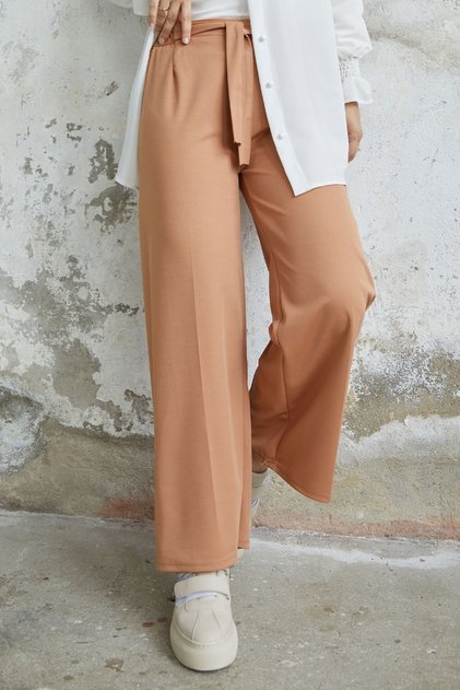 Loose Scuba Trousers with Belted Waist - Camel