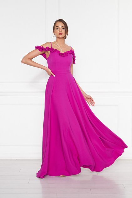 Cherry Blossom Ruffle Collar Detail Adjustable Straps Woven Fabric Maxi Flared Evening Dress