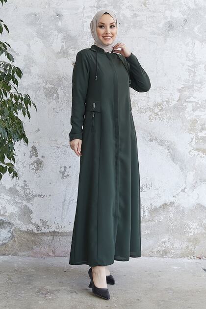 Elena Waist Detailed Hooded Abaya - Khaki
