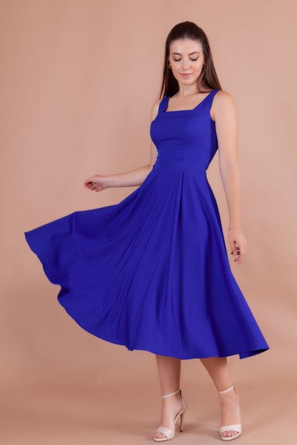 Sax Blue Square Collar Thick Strap Midi Dress