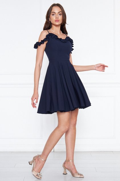 Women's Hanging Neck Boat Ruffle Detail Woven Fabric Pleated Mini Flared Evening Dress