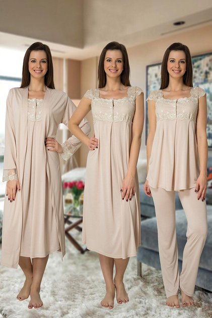 Women's Beige Lace Detailed Postpartum Pregnant Set of 4