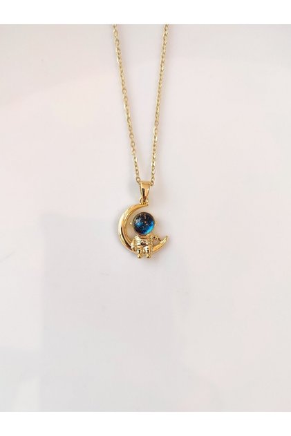 Women's Stainless Steel Gold Crescent Planet Space Astronaut Necklace
