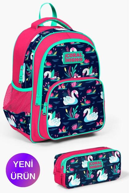 Kids Neon Coral Navy Blue Swan Patterned 2-Piece School Bag Set Goset0223402