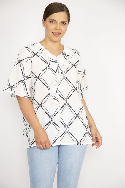 Women's Bone Plus Size Collar Flounced Crepe Blouse 65n36637