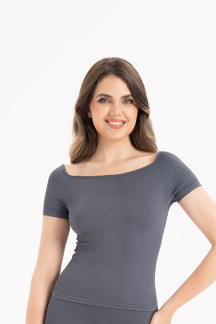 Women's Seamless Ribbed Short Sleeve Blouse 9009