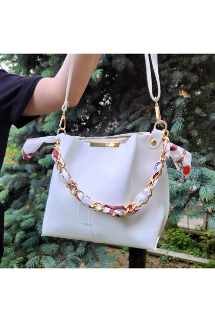 Women's Soft Leather 3-Compartment Handbag, Shoulder Bag with Scarf and Chain Accessories