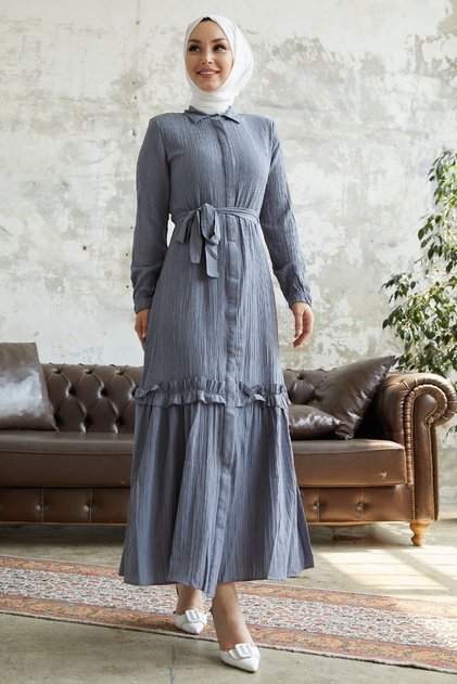 Nesya Seersucker Dress with Frilled Hem - Gray