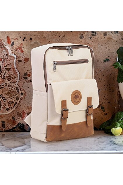 Unisex Cream 100% Genuine Leather Detailed Waterproof 15.6 Inch Multi-Compartment Backpack with Laptop Compartment