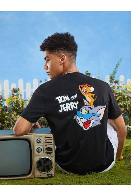Plus Size Tom and Jerry Front and Back Detailed Oversize Crew Neck 100% Cotton Black T-shirt