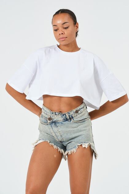 Kadın Beyaz Oversize Crop T-Shirt
