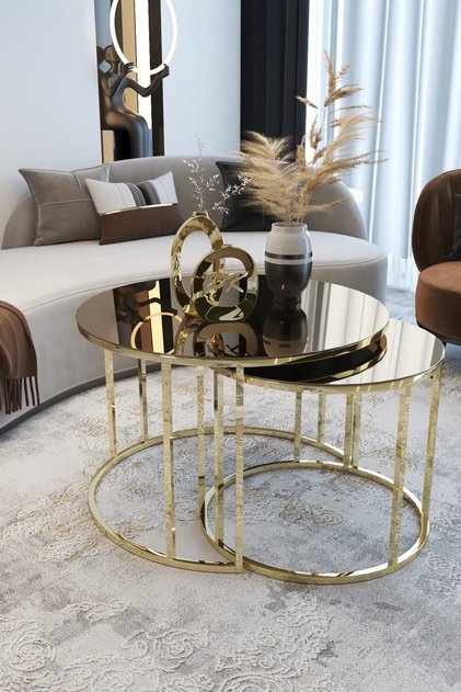Yavrulu Orta Sehpa Gold Renk Metal Ayak Bronz Ayna