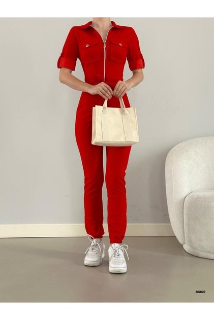 Women's Imported Crepe Fabric Zippered Pocket Detail Belted Jumpsuit