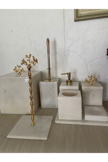 Brass Gold Coral Detail 7-Piece Square White Marble Bathroom Set