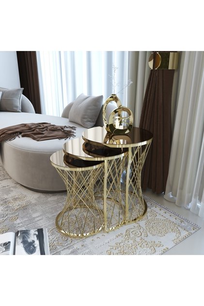 Hasır 3lü Zigon Sehpa Gold Renk Metal Ayak, Bronz Ayna