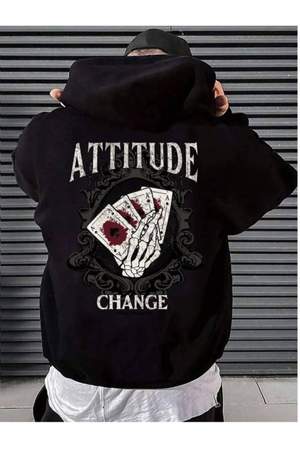 Unisex Siyah Attitude Sırt Baskılı Kapüşonlu Sweatshirt