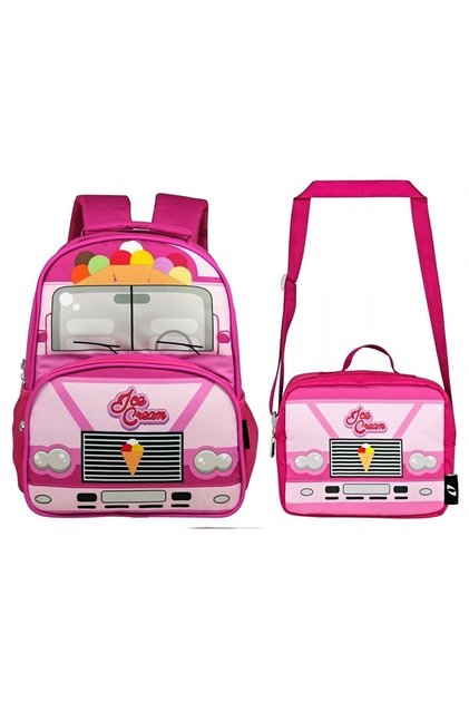 -Umit Bag-Cennec Slim Cream Printed Girl's School Bag and Lunch Bag Set
