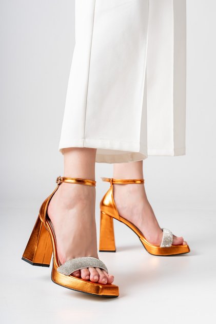 Orange Metallic Stone Single Strip Angular Platform Summer Comfortable Women's Shoes Premium Model New Season