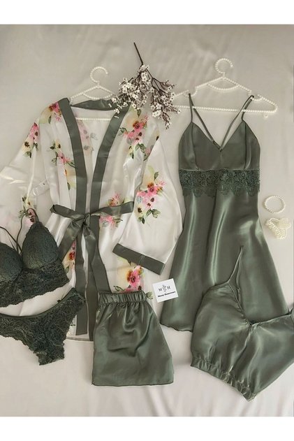 Boxed 6-Piece Satin Certsom Nightdress Pajama Lingerie Dowry Set