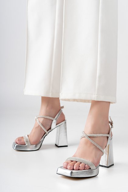 Silver Metallic Stone Banded Angular Platform Summer Comfortable Women's Shoes Premium Model New Season