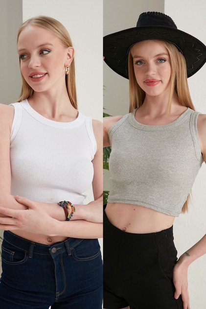 2-Piece Fitted Wide Piping Halter Neck Ribbed Flexible Knitted Crop Blouse Set