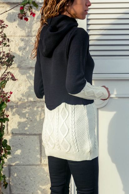 Trend Alaçatı Stili Kadın Siyah-Beyaz Kapüşonlu Çift Renk Tunik ALC-5007 - 3